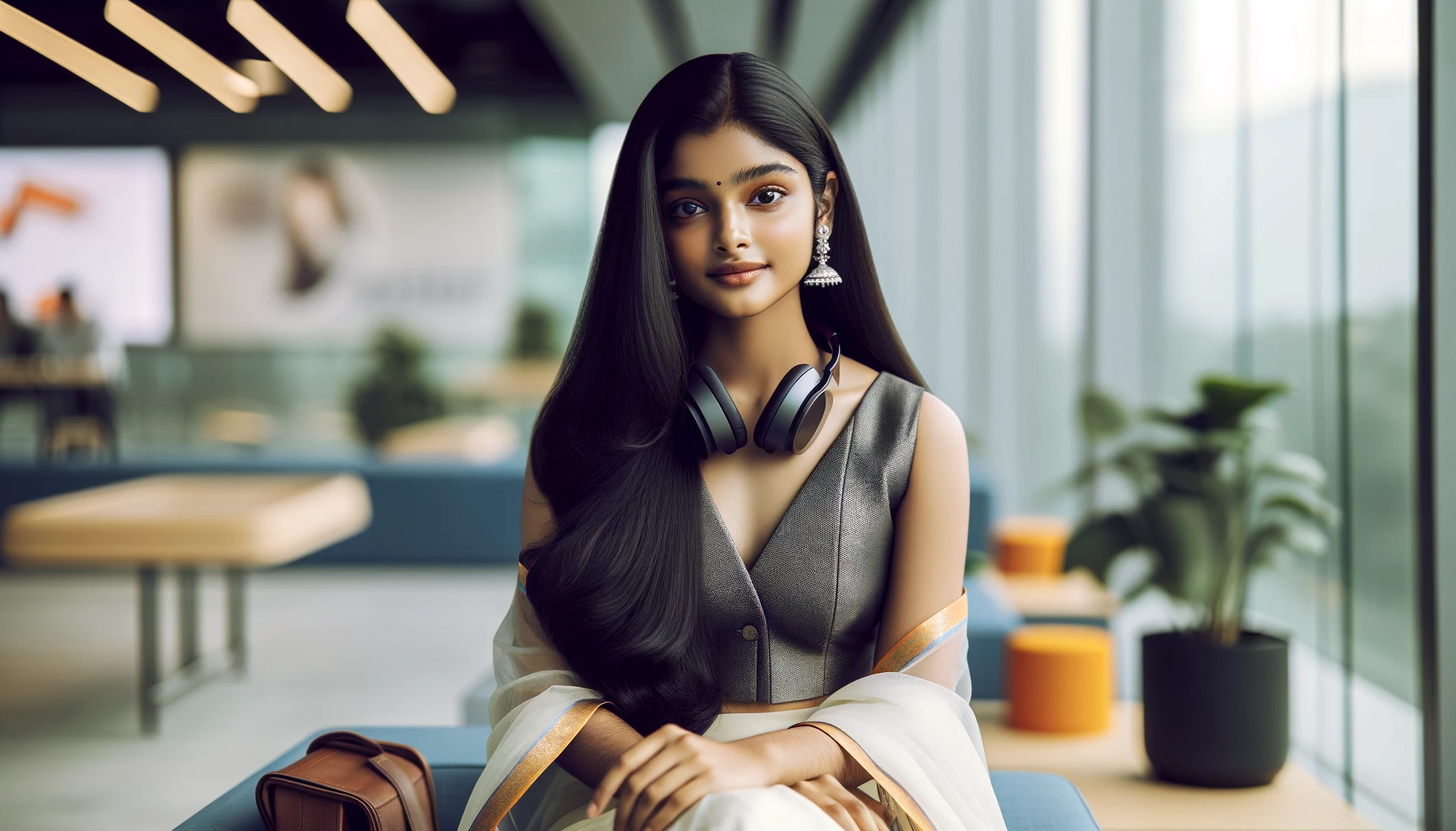 DALL·E 2023-12-14 15.34.30 - A 23-year-old North Indian princess named Kasturi Rani, goddess of beauty and charm, sitting confidently in a modern Korean study room. She wears a sl.png